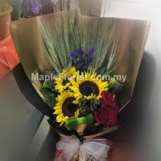 Sunflowers with roses + dry flowers bouquet