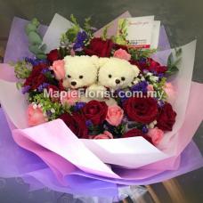 10 roses with 2 teddy bears bouquet