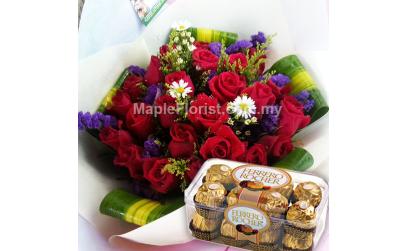 20 roses bouquet + 1 box ferrero rocher (16pcs)