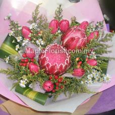 2 Protea flowers with 10 tulips bouquet